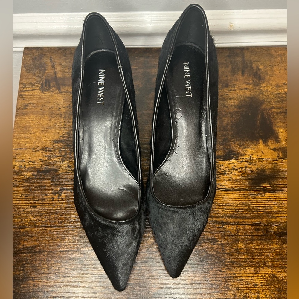 Nine West Black Fur Pointed Platform Leather Women Heel Size 10
